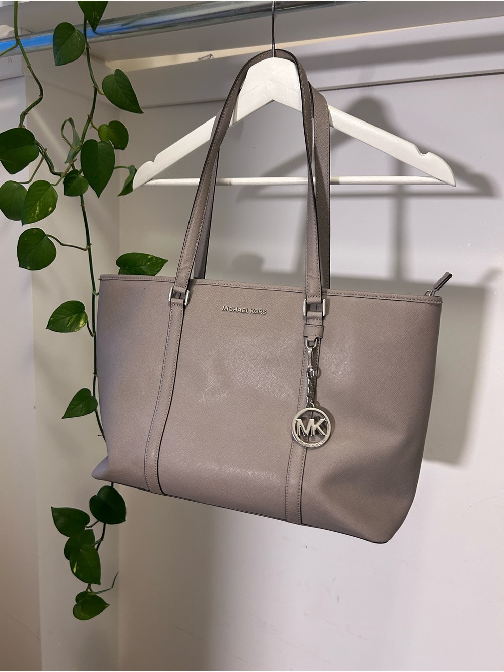 Michael Kors Gray Saffiano Leather Tote with MK Charm